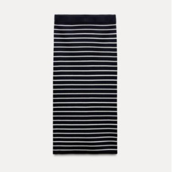 ZARA Navy Blue & White‎ Striped Knit Midi Pencil Skirt - S - Picture 1 of 7